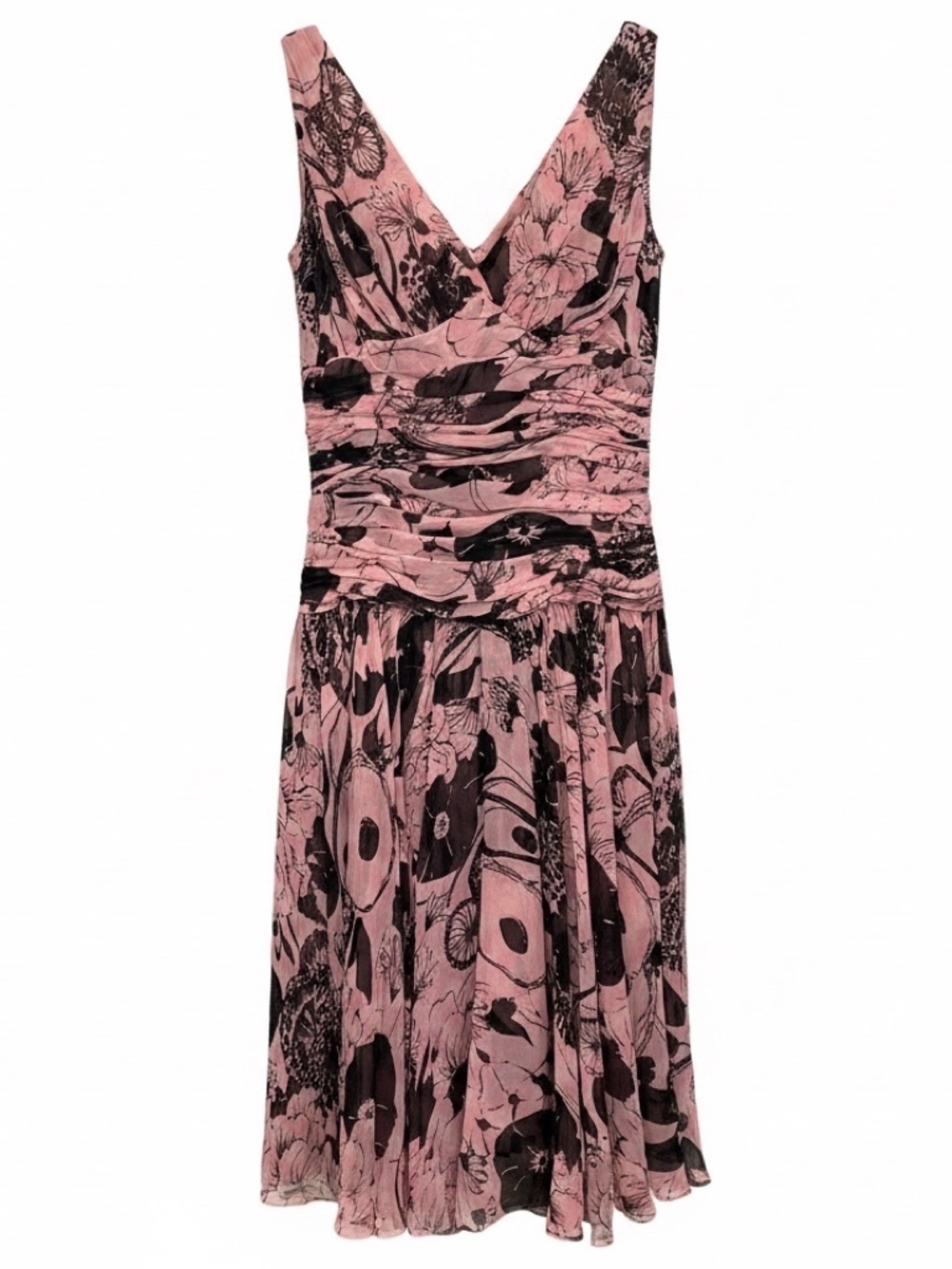 TULEH PINK / BLACK PRINTED SLEEVELESS SILK MIDI DRESS